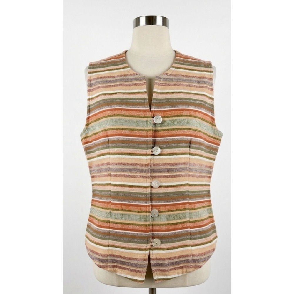 VTG 90s Coldwater Creek Tapestry Vest L Stripe Linen Blend Boho Lagenlook Earthy